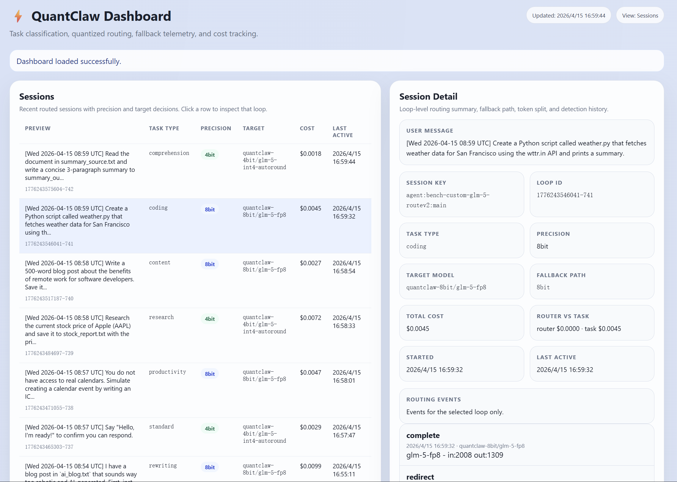 QuantClaw intelligent routing session view